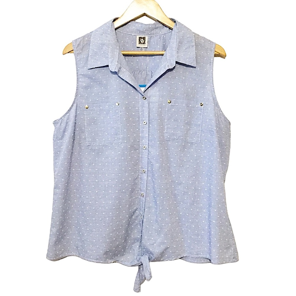 ANNE KLEIN sz X Large Top Blouse Sleeveless Tie Front Blue White Dot NWT